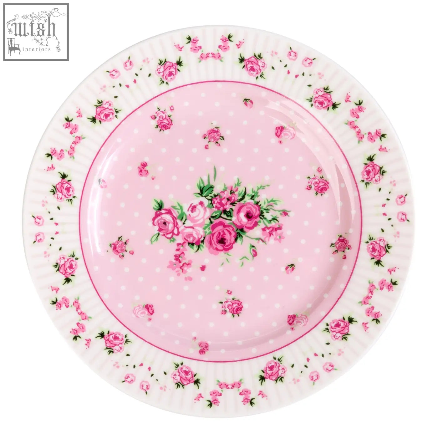 Pink floral london boutique dessert plates with central rose bouquet pink polka dots and scalloped rose rim set of 4