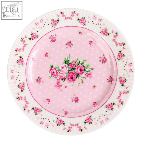 Pink floral london boutique dessert plates with central rose bouquet pink polka dots and scalloped rose rim set of 4