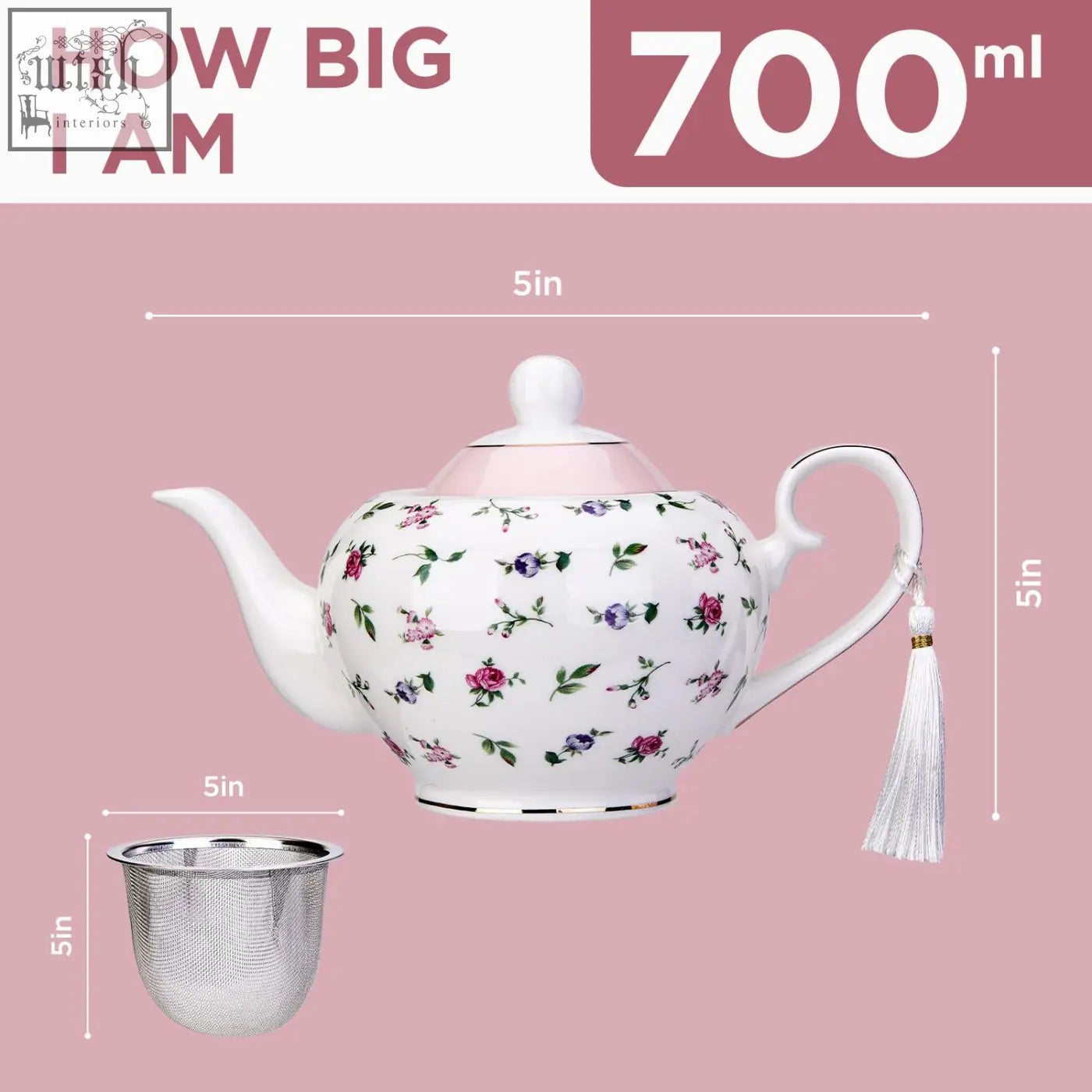 White porcelain london boutique teapot with loose tea infuser pink floral pattern gold edge trim and easy grab handle