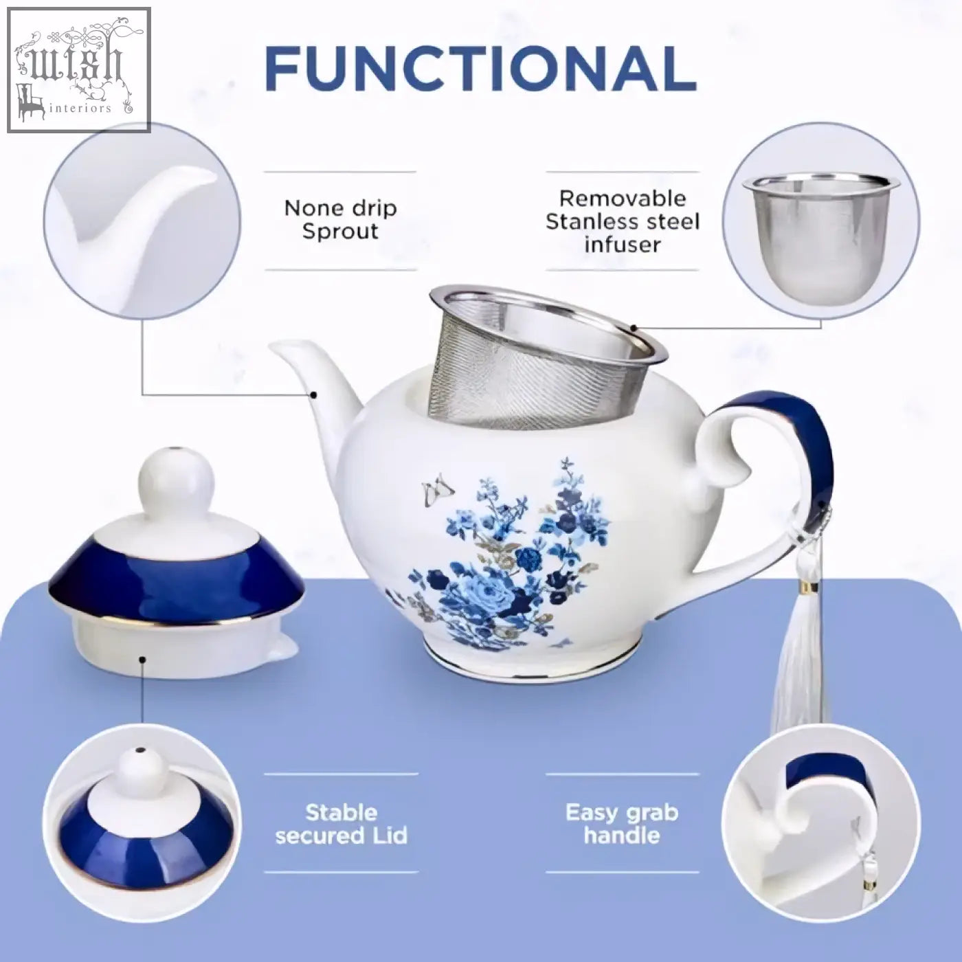 White ceramic london boutique teapot with rose butterfly navy design gold edge trim and removable infuser for loose tea