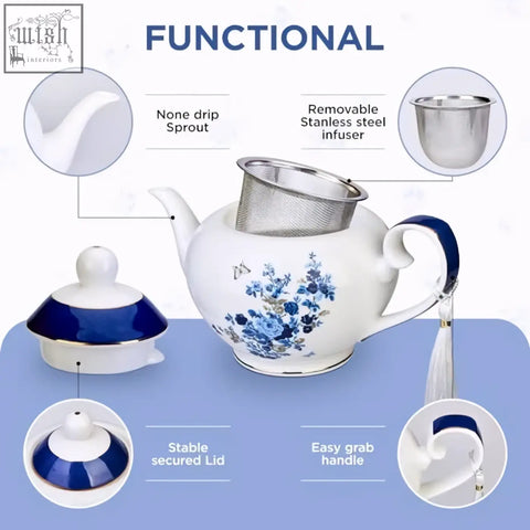White ceramic london boutique teapot with rose butterfly navy design gold edge trim and removable infuser for loose tea