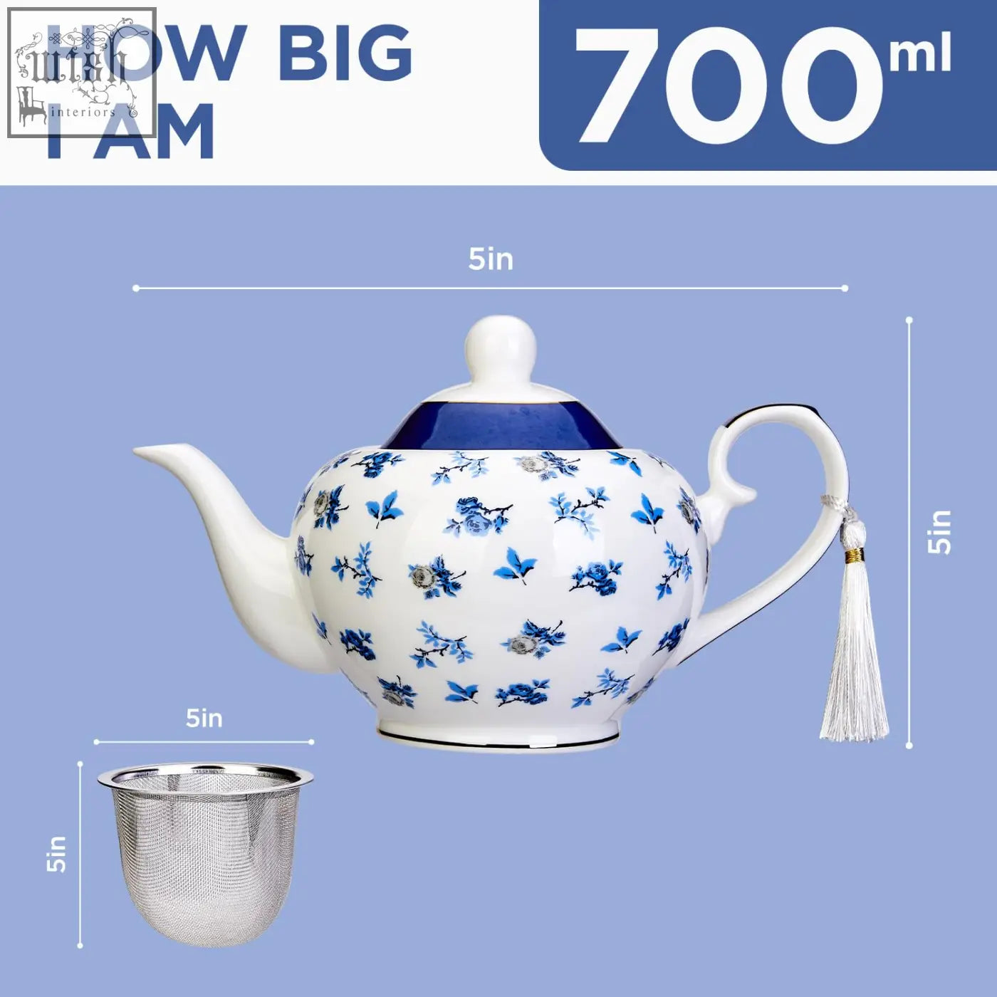 White ceramic london boutique teapot with blue floral pattern navy lid easy grab handle perfect for loose tea
