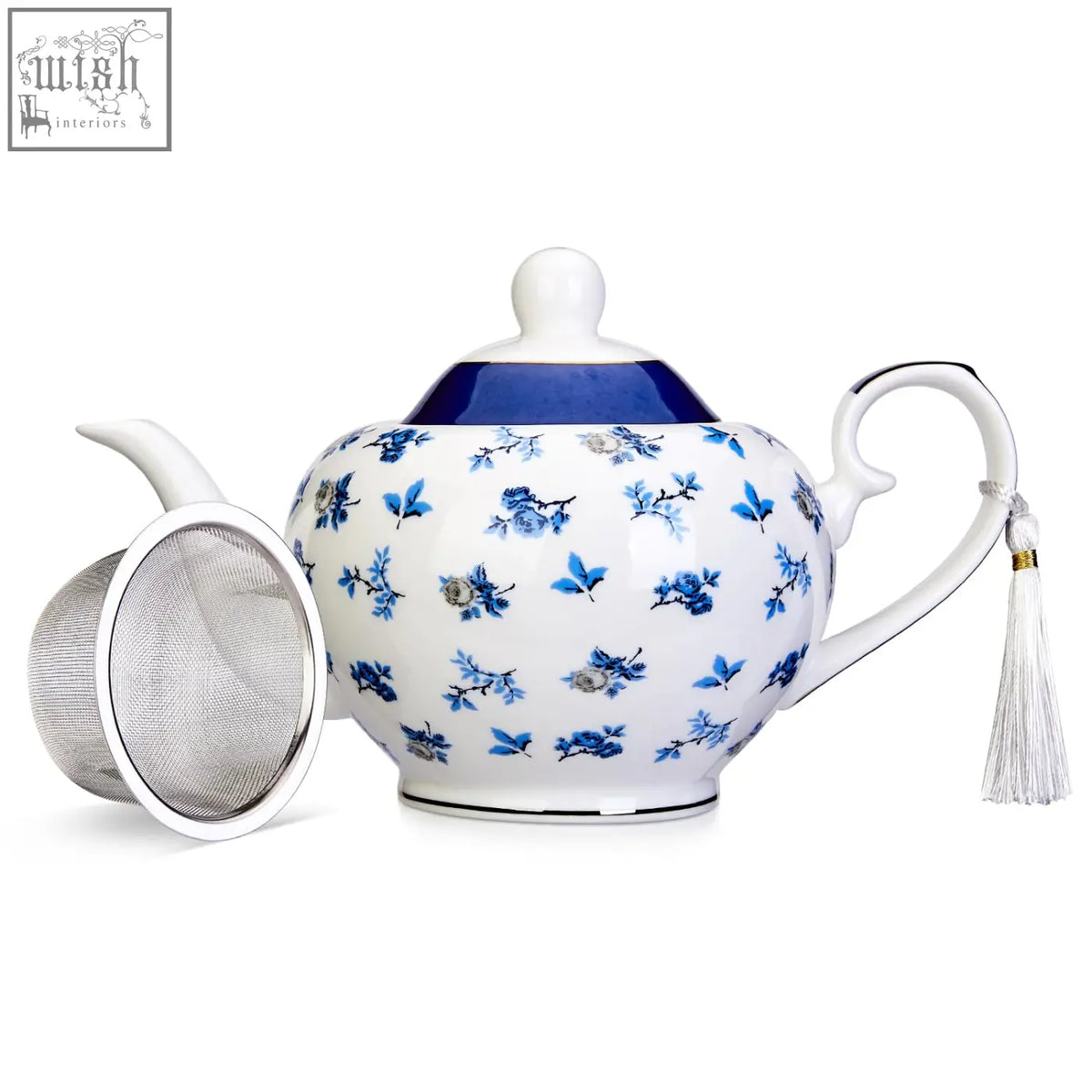 White porcelain london boutique teapot with blue floral pattern gold edge trim easy grab handle for loose tea