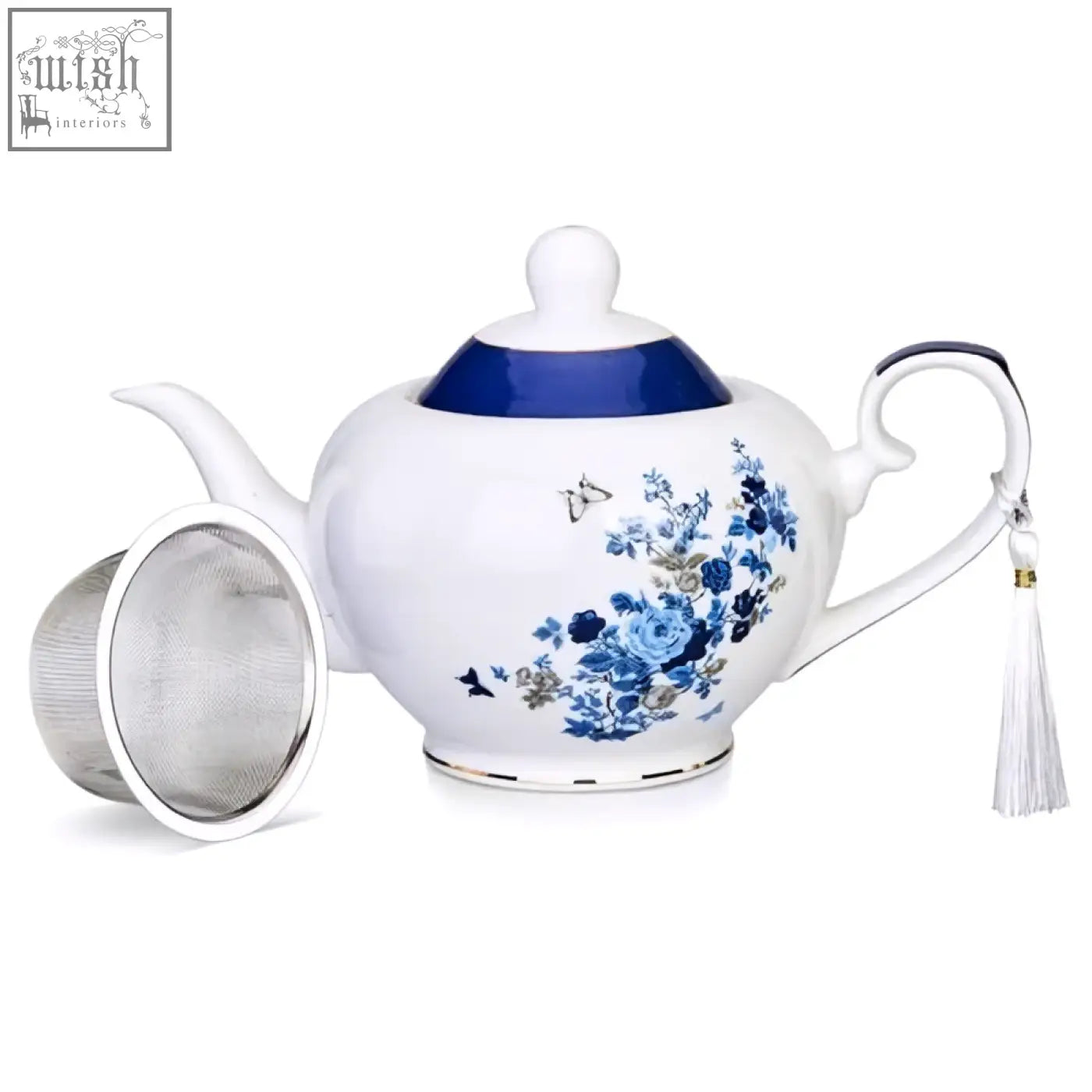 White porcelain london boutique teapot with rose butterfly navy design silver infuser and gold edge trim for loose tea