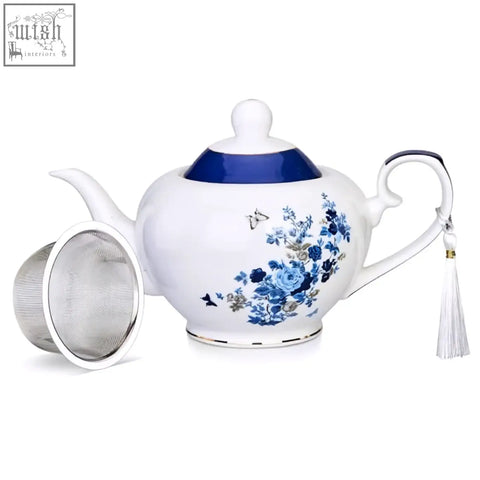 White porcelain london boutique teapot with rose butterfly navy design silver infuser and gold edge trim for loose tea