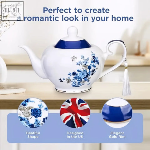 White porcelain London Boutique teapot with rose butterfly navy design gold edge trim infuser perfect for loose tea