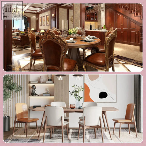 Two dining room settings showcasing the london boutique rose pink teapot with infuser loose tea easy grab handle gold edge trim