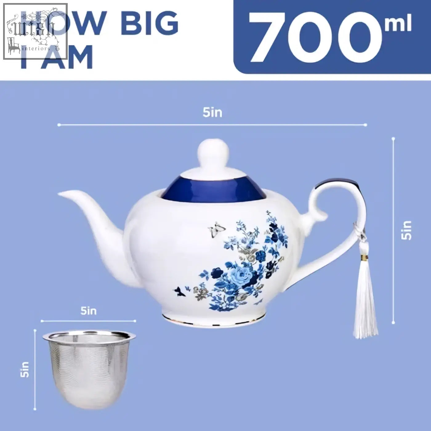 White porcelain london boutique teapot with rose butterfly navy design, silver infuser, and easy grab handle for loose tea