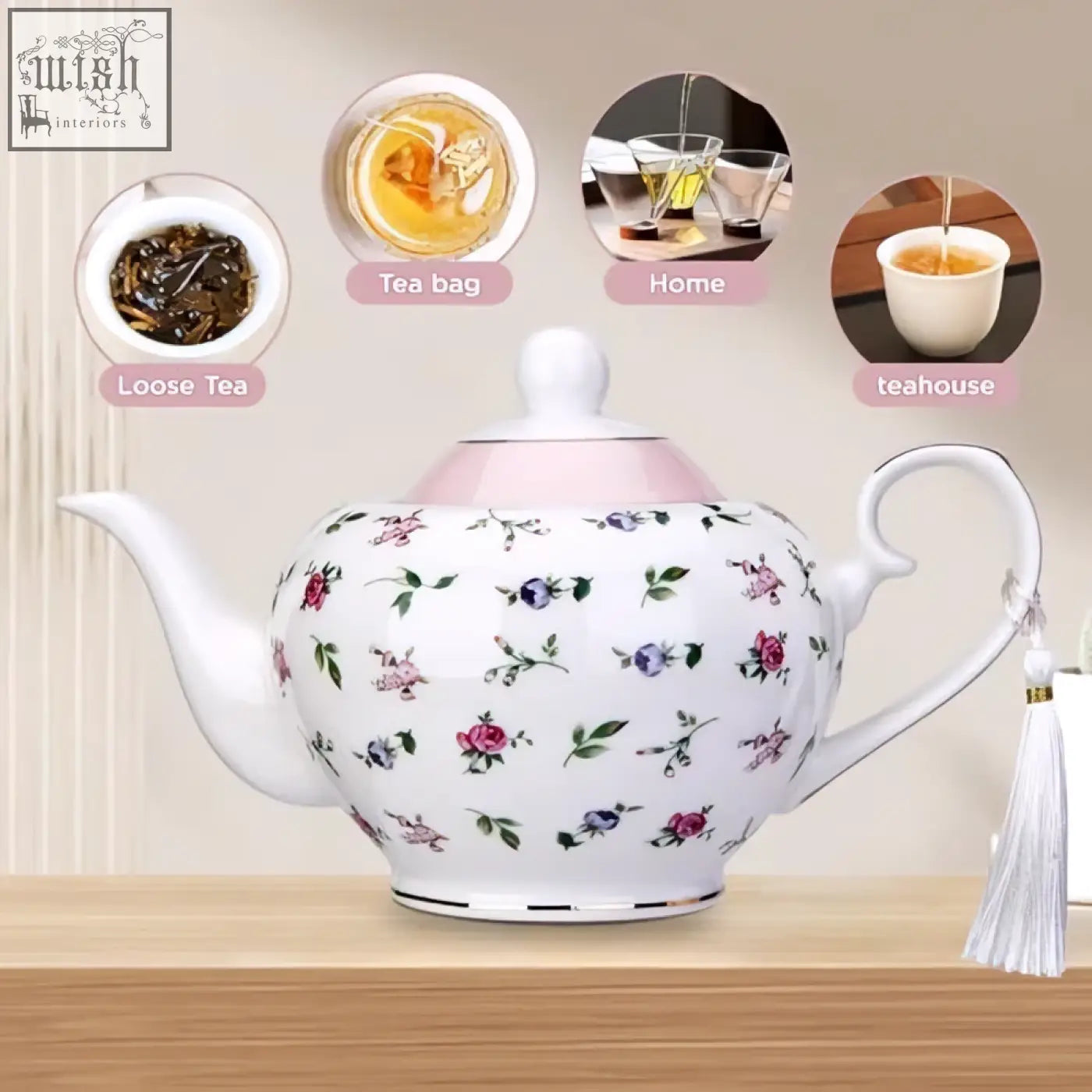 White ceramic london boutique teapot with pink floral pattern gold edge trim easy grab handle for loose tea