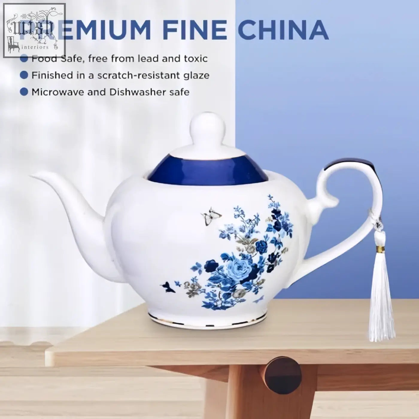 White porcelain london boutique teapot with infuser rose butterfly navy floral pattern and gold edge trim for loose tea