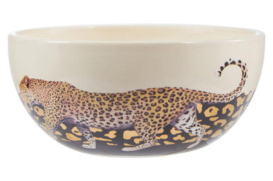 Cream-colored ceramic large bowl featuring detailed leopard illustration with black and gold spots london leo large bowl