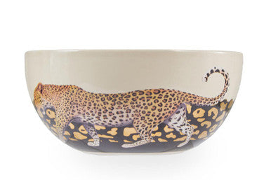 A white ceramic london leo large bowl with a detailed brown and black leopard illustration in motion