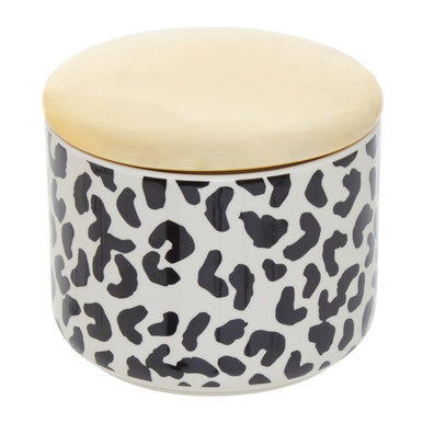 White ceramic london leo small canister with black leopard print and light wood lid for stylish storage