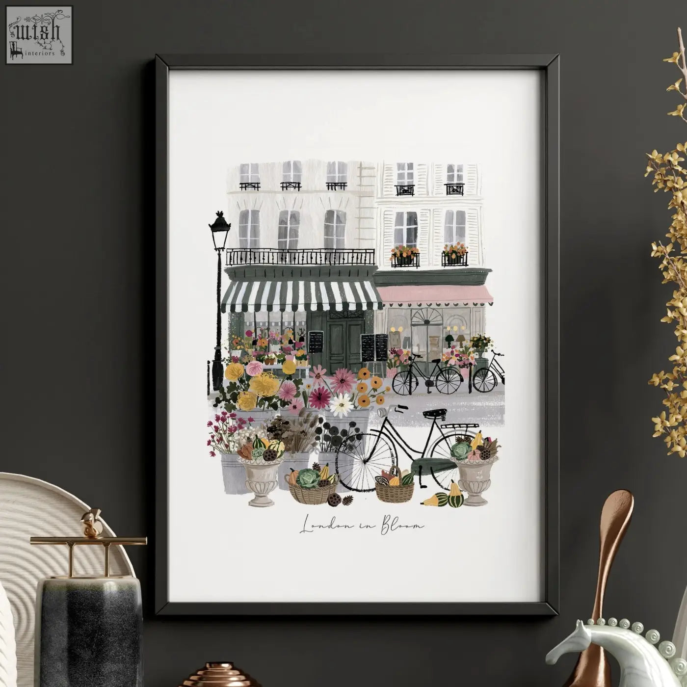 Black-framed london poster art print featuring parisian street scene with colorful flowers bicycles and striped awnings wall art