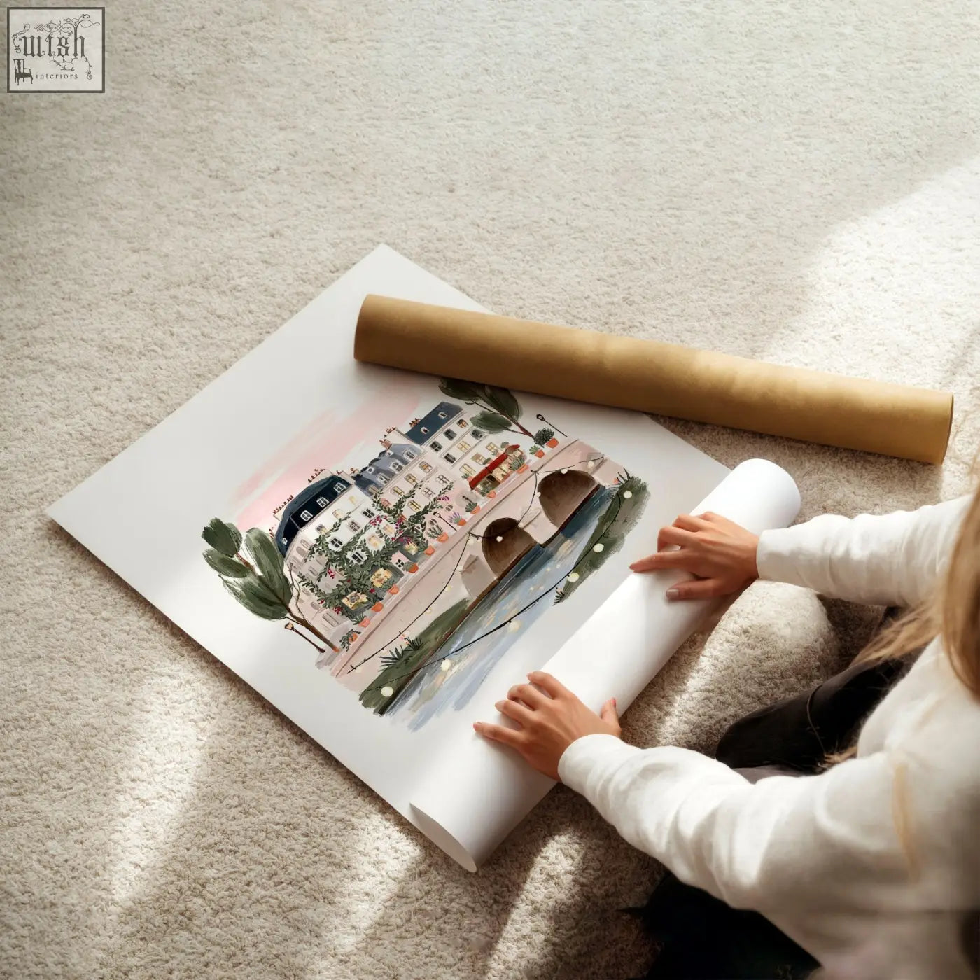 A london poster art print featuring a charming parisian canal scene with pastel buildings on smooth white paper wall art
