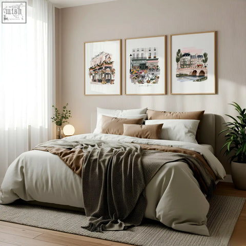 Three framed parisian-themed watercolor art prints with delicate buildings cafes and bridges perfect london poster wall art
