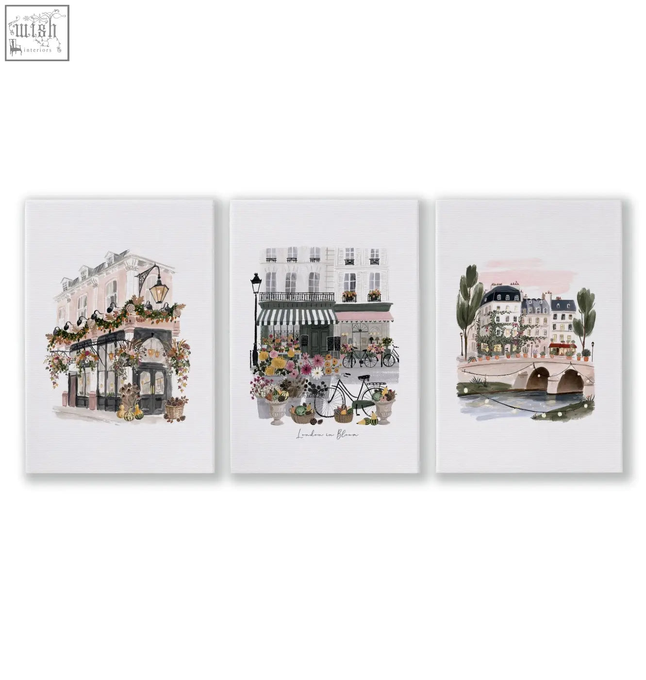 Set of three london poster art prints featuring floral european street scenes with pastel buildings and bikes