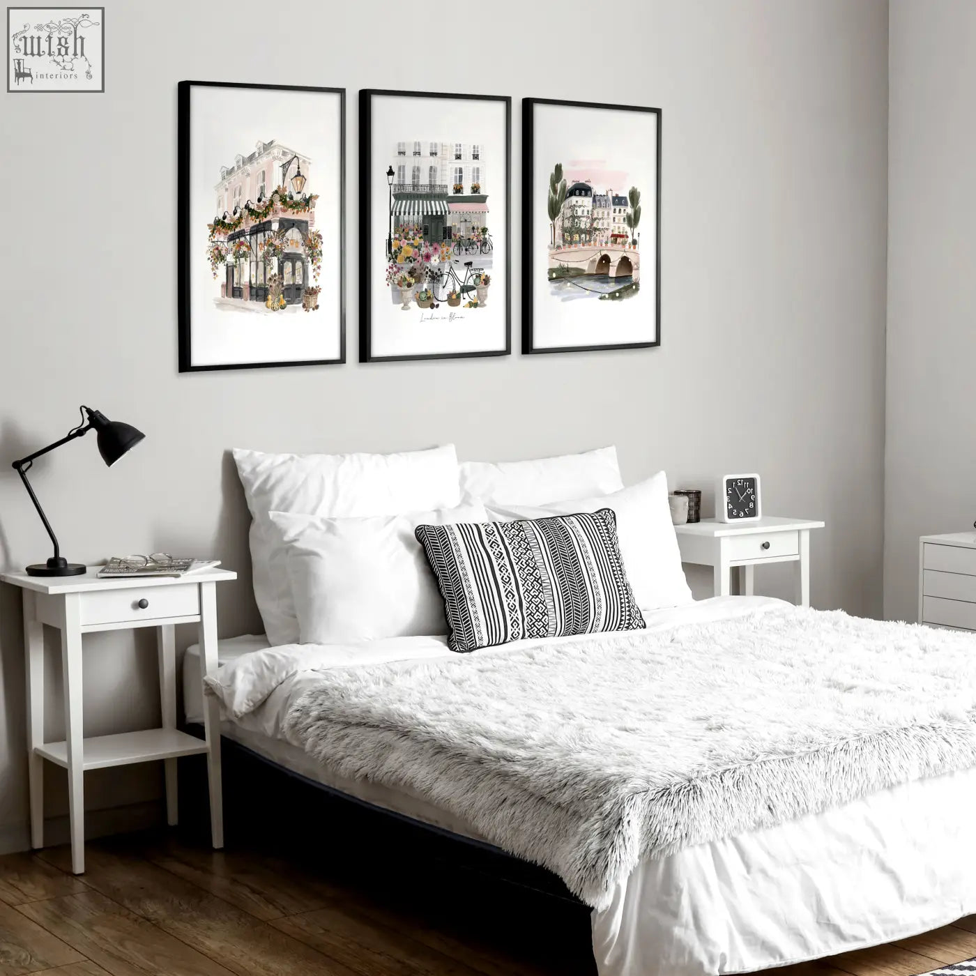 Black-framed london poster set of 3 floral city watercolor art prints featuring parisian-themed wall art scenes