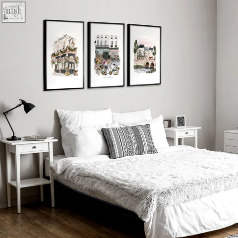 Black-framed london poster set of 3 floral city watercolor art prints featuring parisian-themed wall art scenes