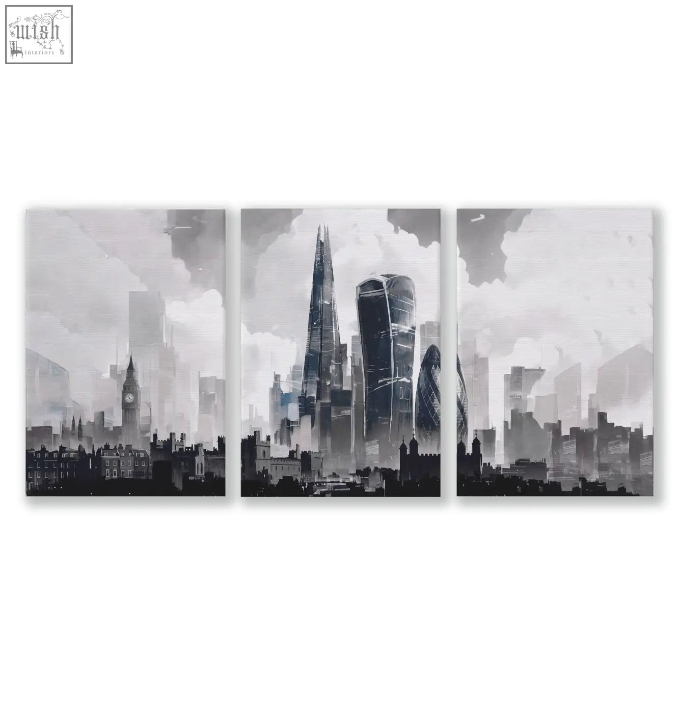 Black and white abstract london prints triptych featuring moody grey london skyline with the shard and gherkin three prints