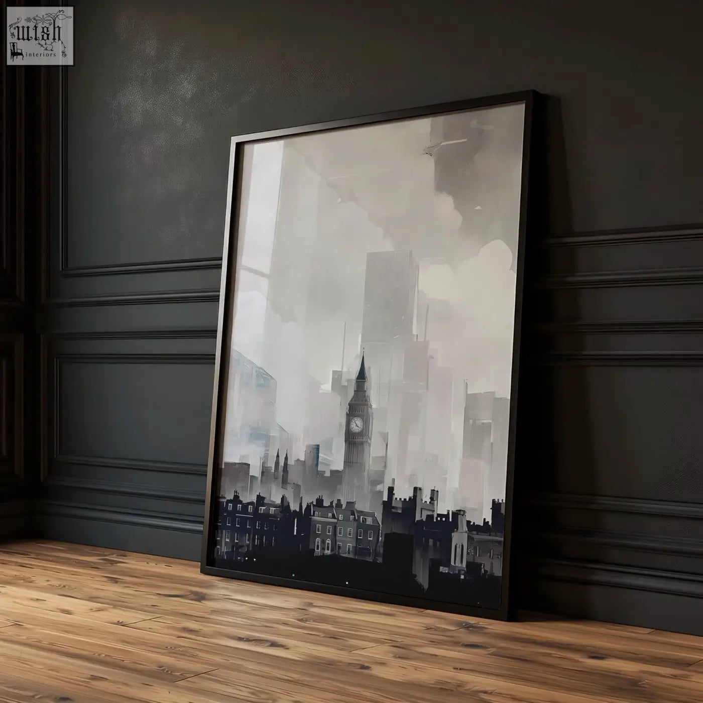 Black-framed london prints featuring a moody grey skyline with big ben shard and gherkin in a set of three prints