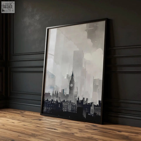 Black-framed london prints featuring a moody grey skyline with big ben shard and gherkin in a set of three prints