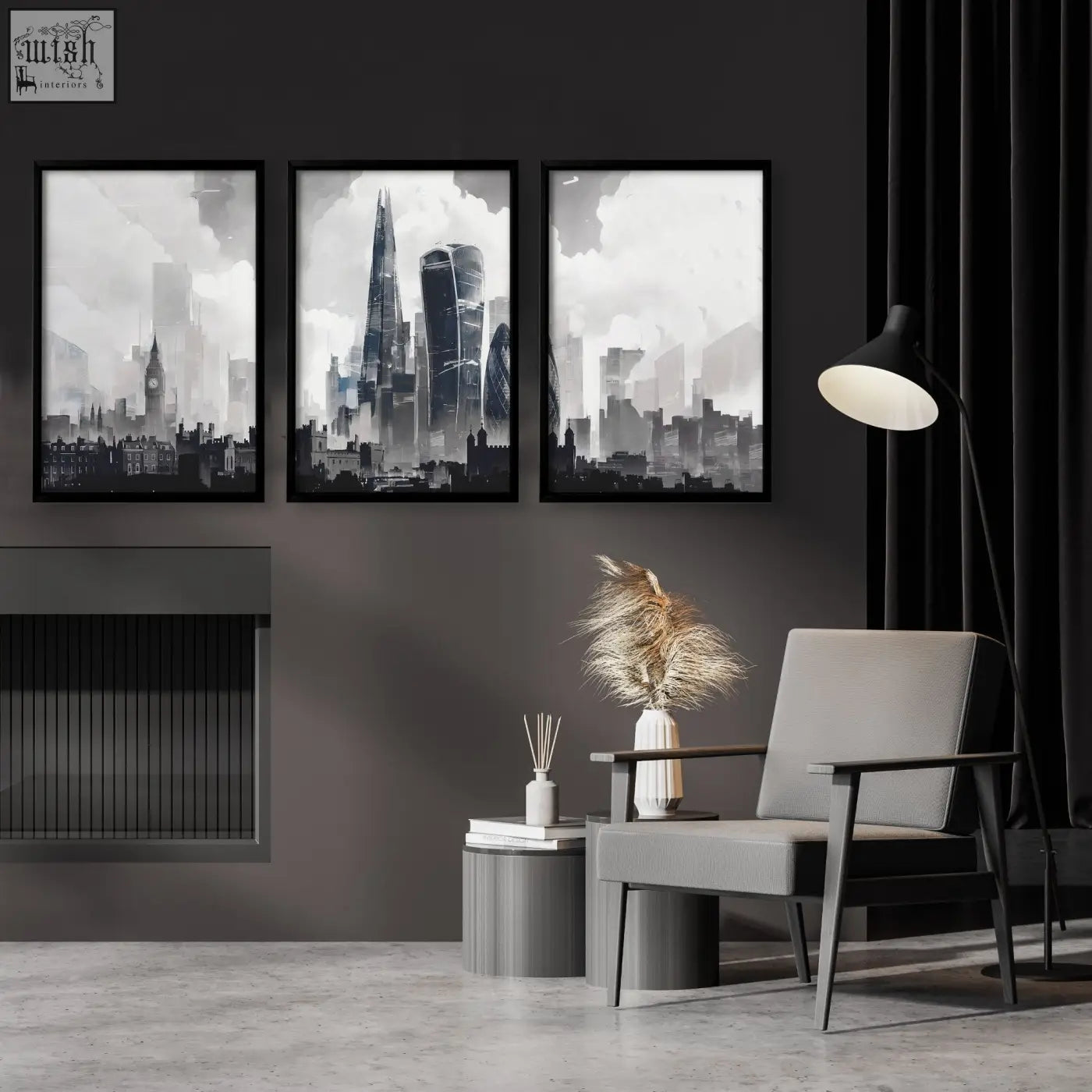 Gray upholstered armchair with dark wood frame next to london prints set of three featuring the moody grey skyline