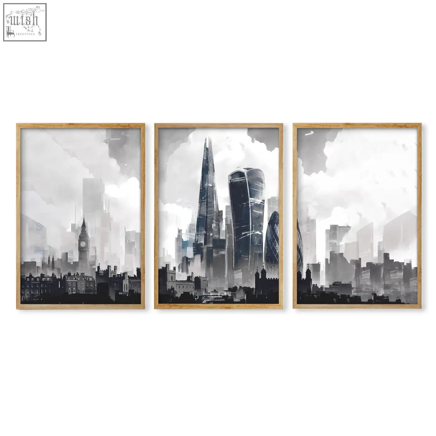 Set of three london prints featuring moody grey london skyline in black and white with light wood frames