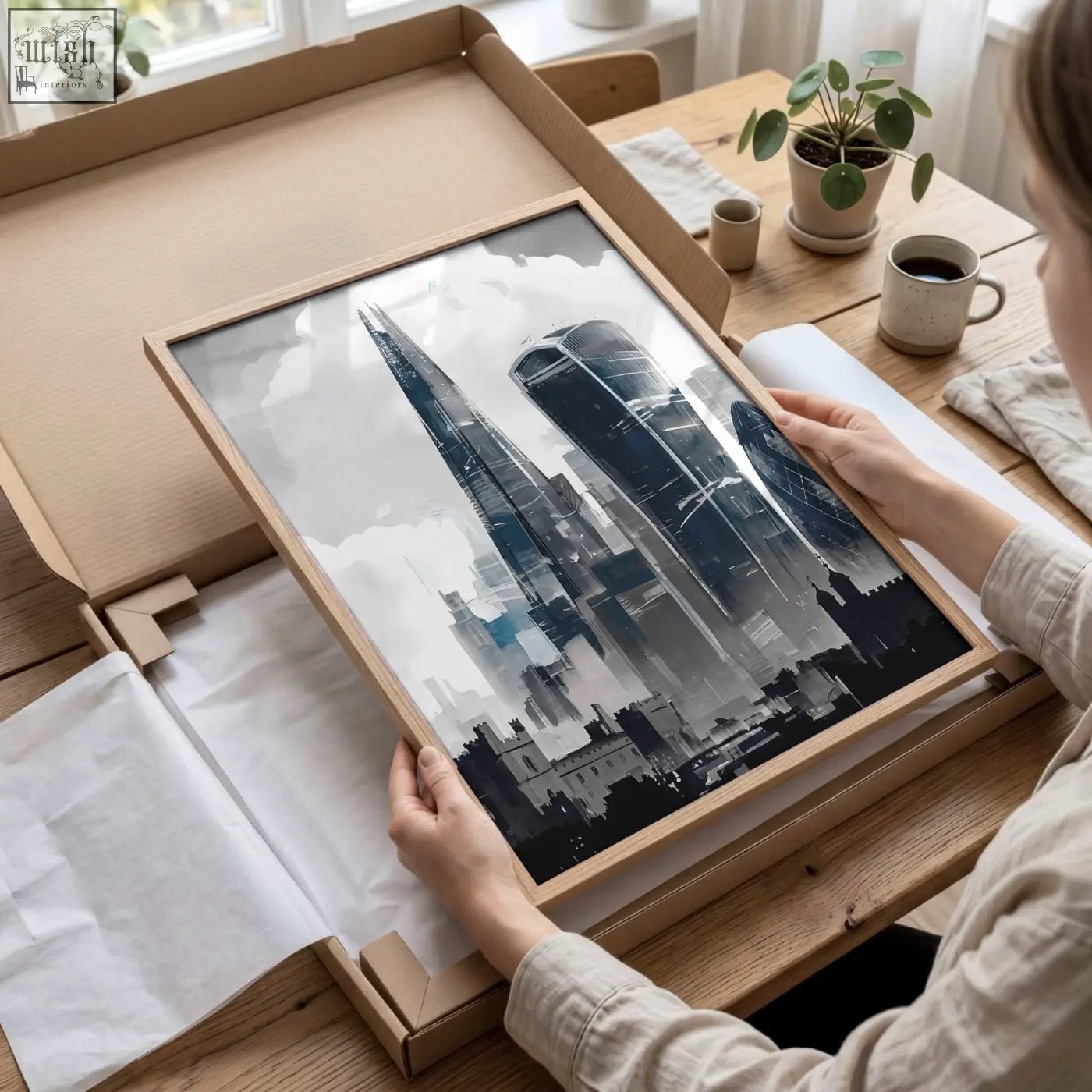 A minimalist black and white london skyline print featuring the shard and gherkin in a light wood frame from a set of three prints