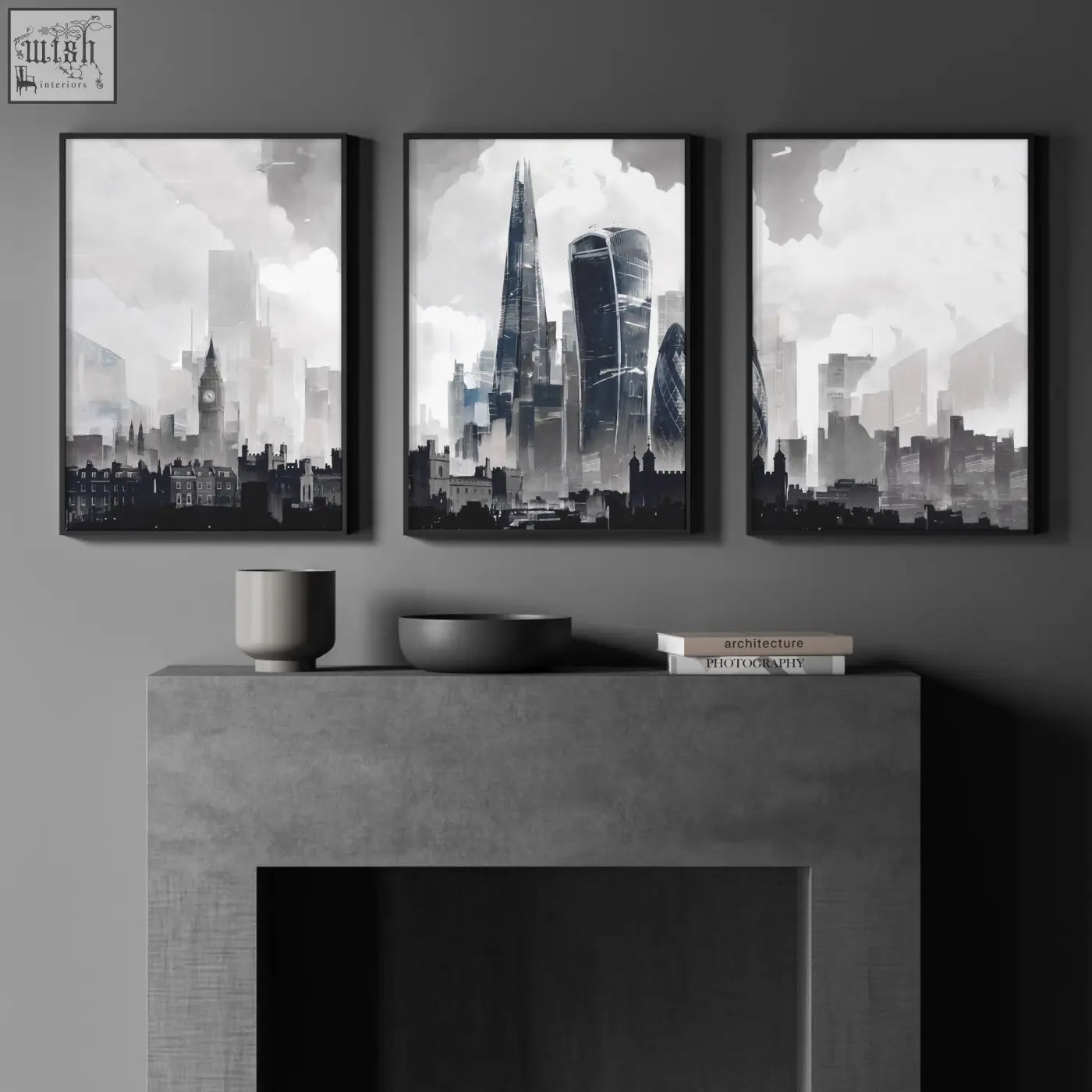 Three black-and-white london prints of the london skyline with the shard and gherkin hang above a gray concrete mantel