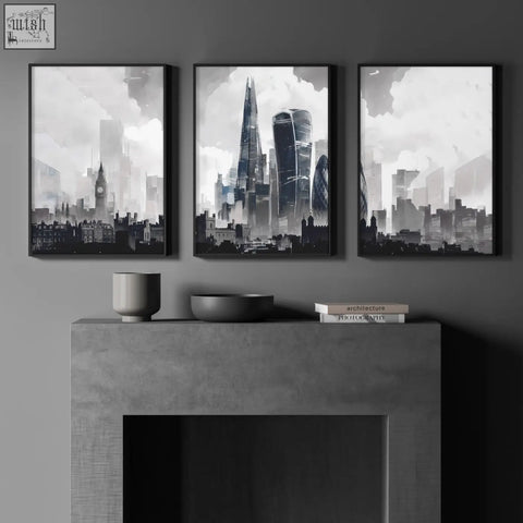 Three black-and-white london prints of the london skyline with the shard and gherkin hang above a gray concrete mantel