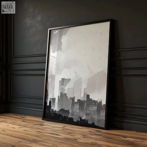 Black-framed london prints set of 3 featuring minimalist moody grey london skyline with shard and gherkin buildings