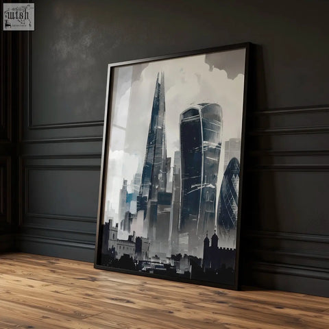 Black-framed london prints set of three featuring moody grey skyline with the shard and gherkin in subtle blue accents