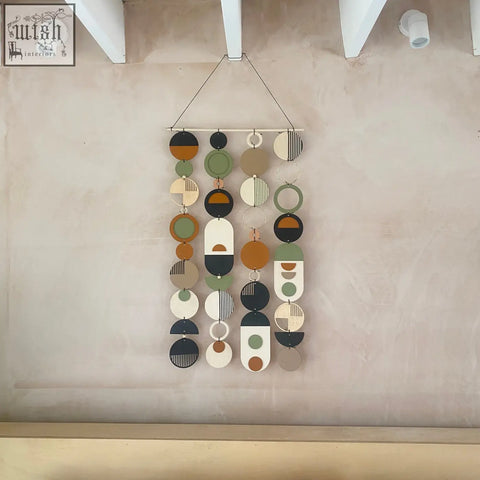Modern geometric hand painted wall art with olive green terracotta black and beige minimalist patterns for home decor