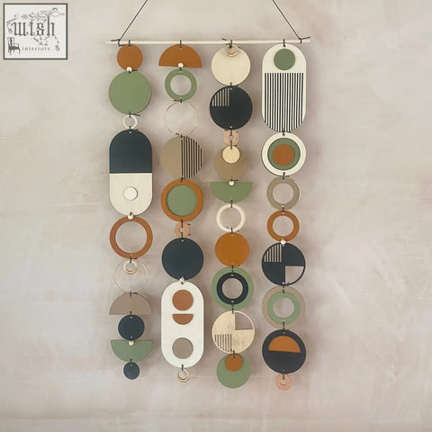 Longer wall art hand painted geometric artwork with layered olive green terracotta and beige shapes for minimalist decor
