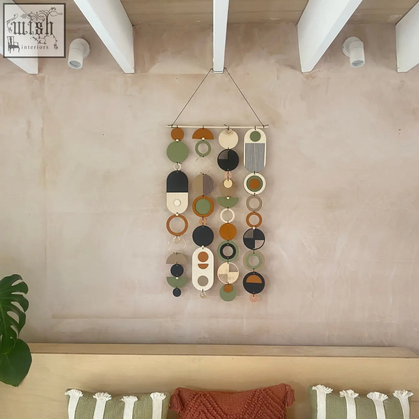 A hand painted geometric wall art with layered olive green terracotta black white and beige shapes for minimal home decor