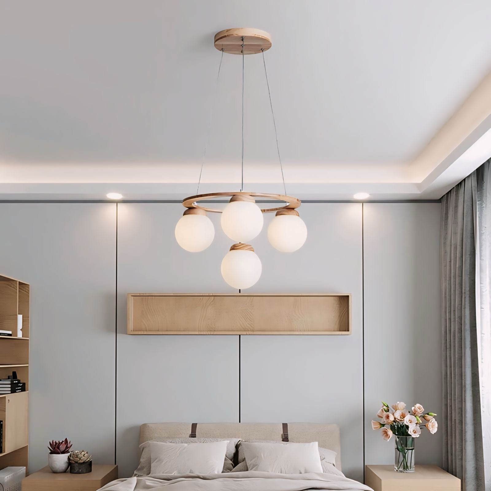 Modern wooden chandelier lonian light with three frosted glass globe lights perfect for stylish home lighting