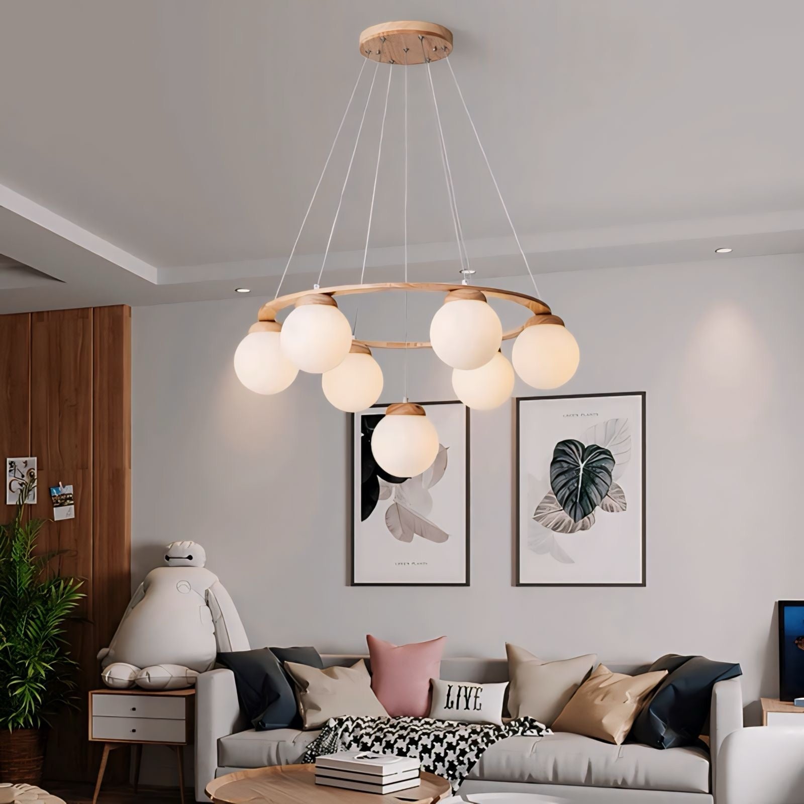 Modern minimalist pendant light lonian light with a circular wooden frame and seven frosted glass globe bulbs