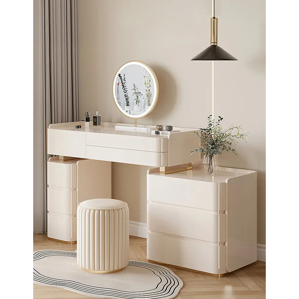 López Dressing Table With 2 Side Cabinets & LED Mirror and Stool Cream