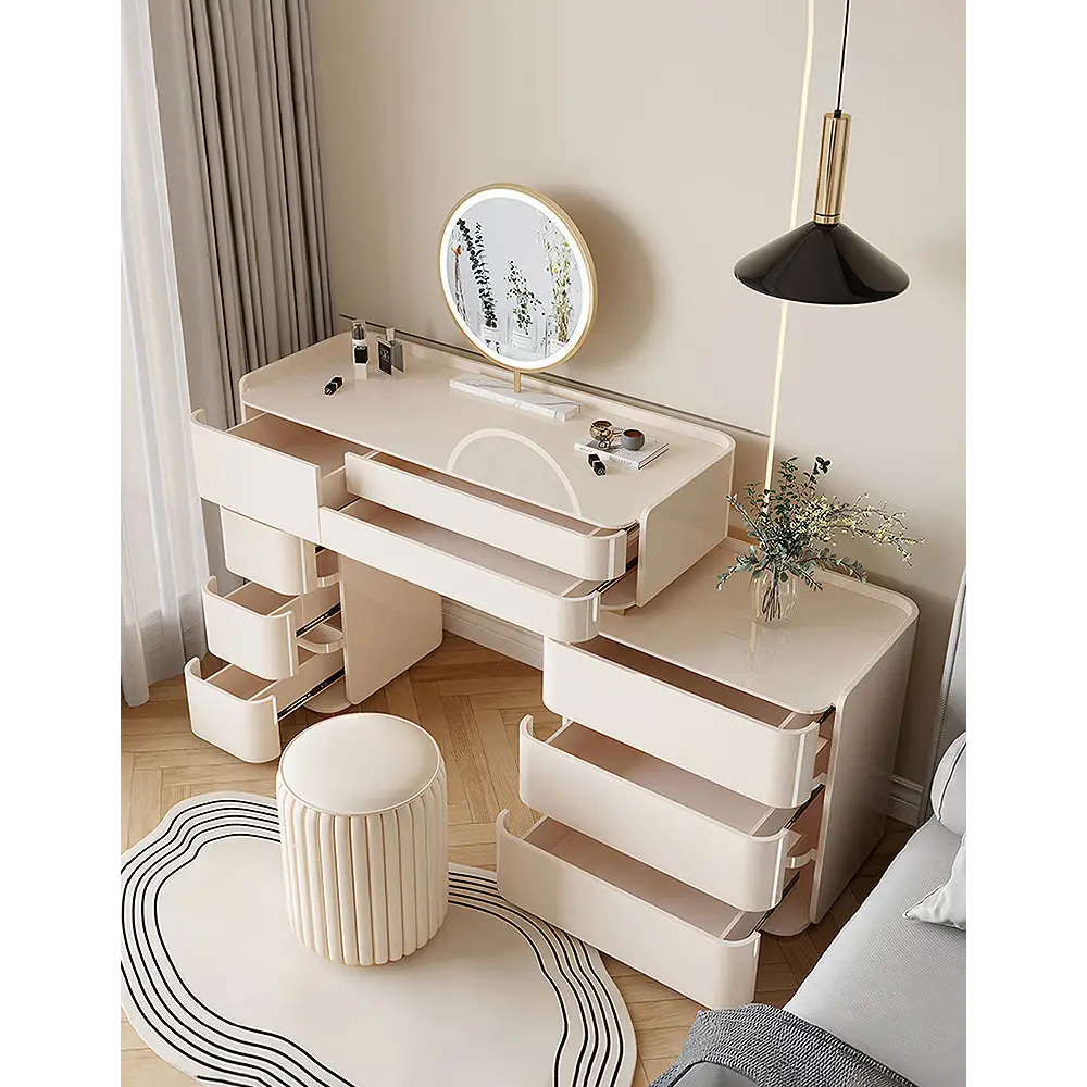 López Dressing Table With 2 Side Cabinets & LED Mirror and Stool Cream