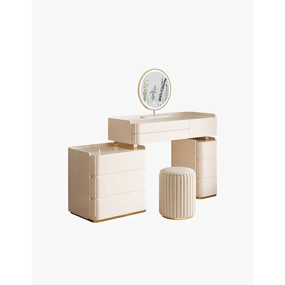 López Dressing Table With 2 Side Cabinets & LED Mirror and Stool Cream