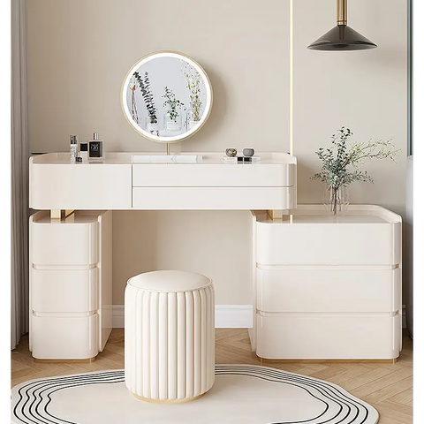 López Dressing Table With 2 Side Cabinets & LED Mirror and Stool Cream