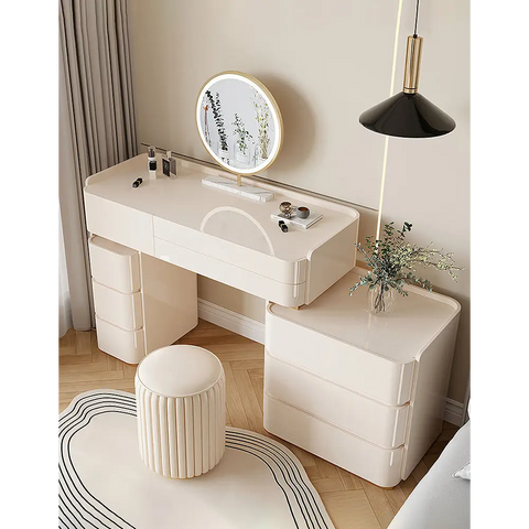 López Dressing Table With 2 Side Cabinets & LED Mirror and Stool Cream