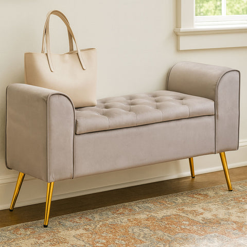 Beige loretta mink velvet ottoman storage bench with tufted velvet top and gold tone metal legs
