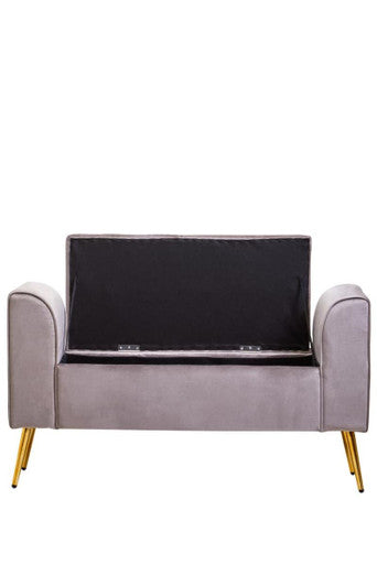 Gray mink velvet loveseat with gold-tone legs and black velvet ottoman storage compartment for extra space