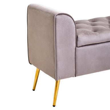 Gray mink velvet ottoman storage bench with tufted top and gold-tone legs perfect for extra seating and storage