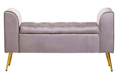 A sleek lavender mink velvet ottoman storage bench with tufted upholstery and slender gold-tone legs