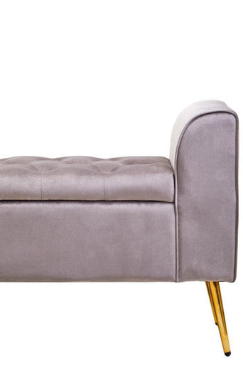A sleek gray mink velvet ottoman storage bench with tufted top and elegant gold-tone legs for stylish storage