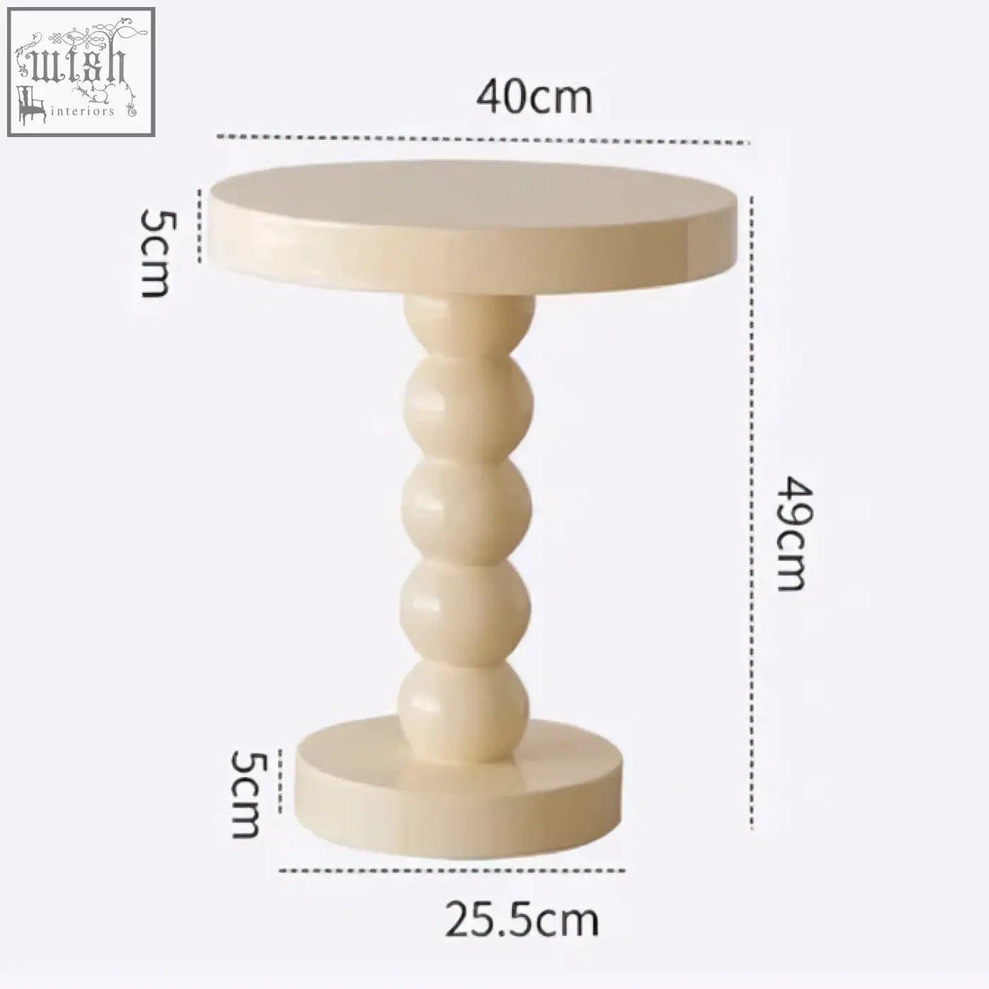 Cream-colored lorna side table with beaded pedestal base made of oak wood and baking paint finish