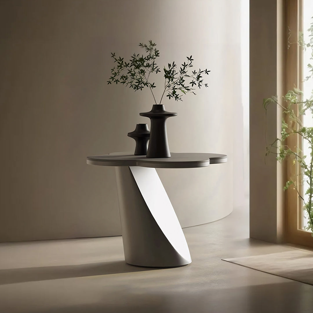 Modern minimalist lorna side table with sleek white stainless steel base and smooth gray sintered stone top